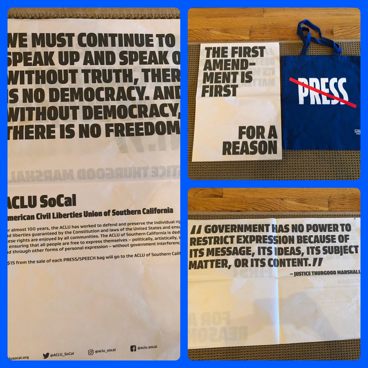 chelywright's tweet photo. I am so excited to have this cool/important tote in my paws!

THE FIRST AMENDMENT IS FIRST FOR A REASON. Help the @aclu_socal protect it. Get a “First Amendment Tote Bag” and support the cause: https://t.co/1f7CBH5wd3…
Design/typography:
@LuxTypo
Concept/broadside copy:
@4adfan https://t.co/soleQsHp6A
