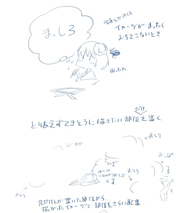 最近はらくがきで頭に何もイメージが落ちてこないときに、とりあえず適当に部位置くと、だんだん浮かんでくる気がする。たぶん既存の記憶から取り出してるからスキルアップにはならないんだろうけど。少しパターンが増えてきたのかな。 