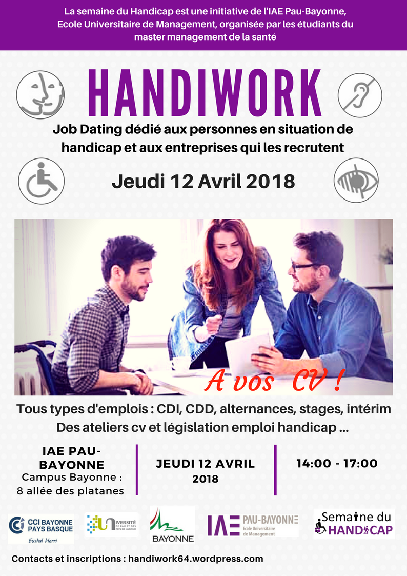 SemHandicapIAE's tweet photo. J-4 avant le Job Dating - HandiWork ! 
Pensez à vous inscrire à l'adresse suivante : https://t.co/kUBPkVYBRw https://t.co/NpBUPrsiON