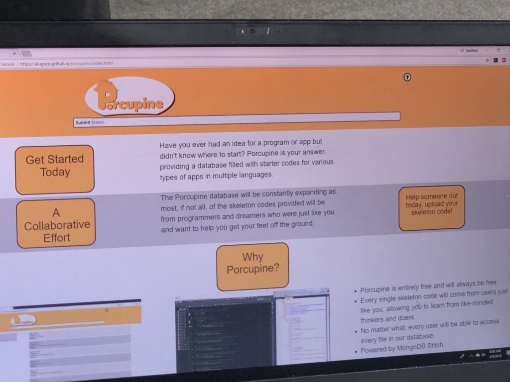 bitcmp's tweet photo. Porcupine is a web app that holds a database to distribute skeleton code project (“Quills”) to beginner programmers, having an educational focus! #bitcamp2018 https://t.co/gDhqHWslXt