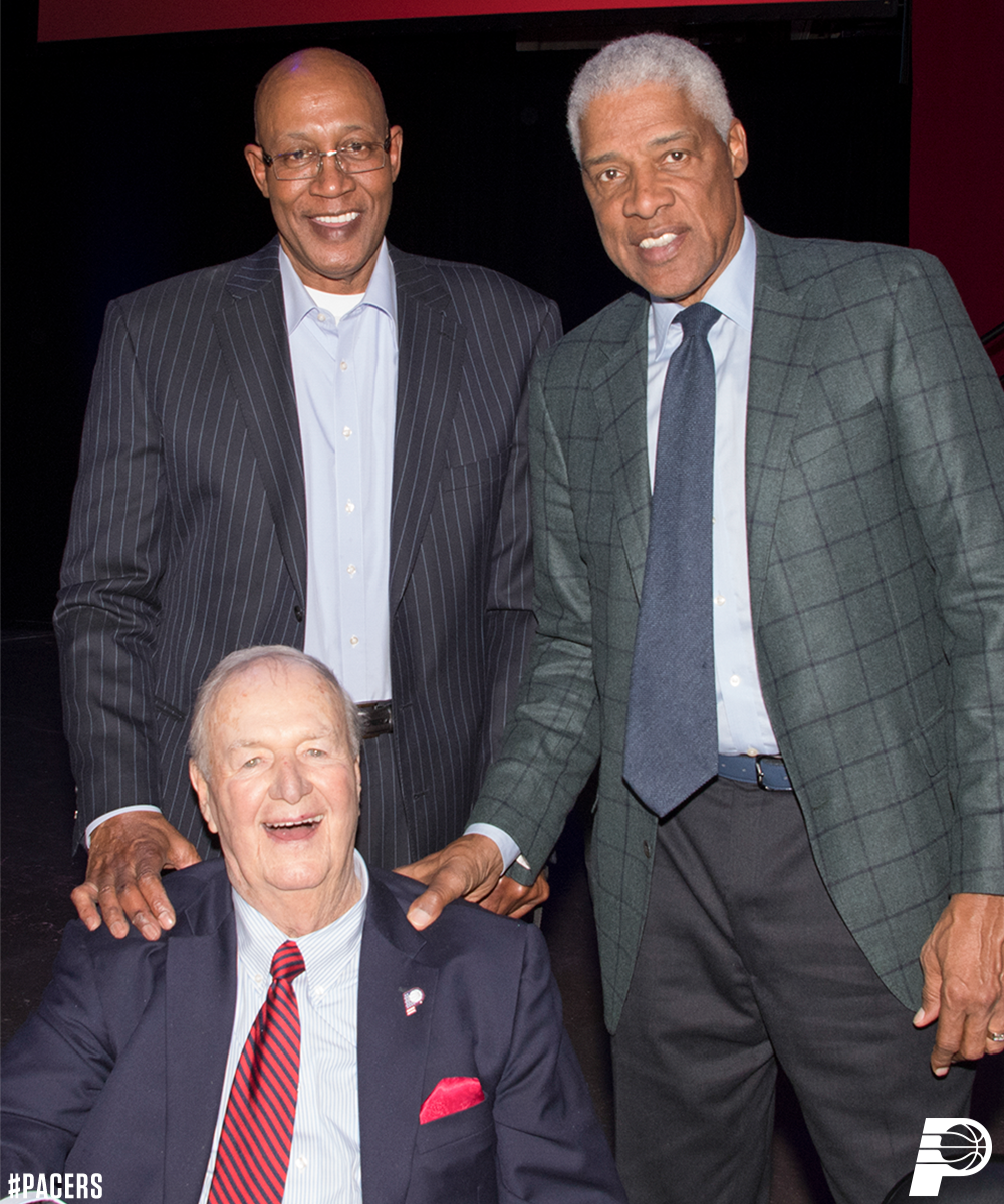 Pacers's tweet photo. A few legends at @TheFieldhouse last night for the ABA 50th Reunion - George McGinnis, Julius Erving and Bobby Slick Leonard. https://t.co/wtH62SdPrT
