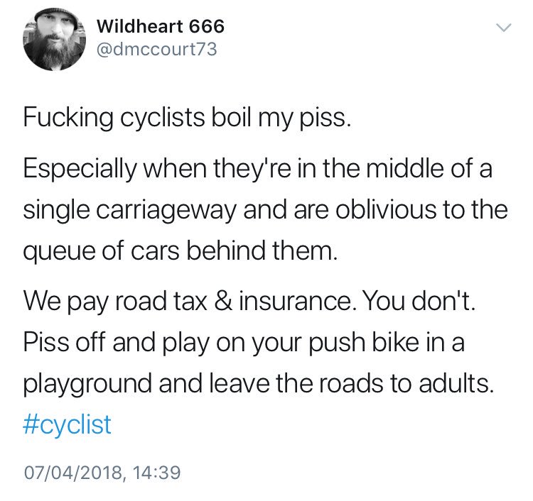 safepasscyclist's tweet photo. @dmccourt73 It seems that you thought that directing ignorant hate towards cyclists on a public forum would end well? Thanks for your thoughts anyway; it certainly helps with our qualitative research about angry road users 🧔🏻 #AngryBeards https://t.co/FtLmQRe7nH
