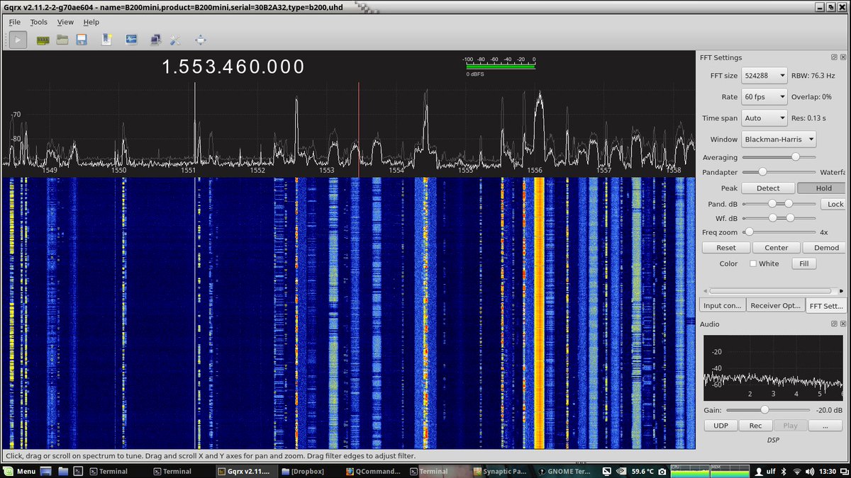 uber_security's tweet photo. #waterfall #lband #gqrx #patch It realy shines with #lna4all and #ettus.  Very happy with fft/window @csete https://t.co/j6qqKSKXxo