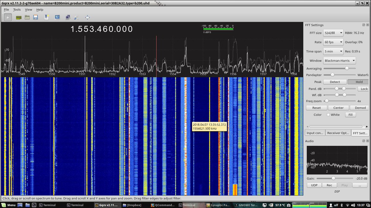 uber_security's tweet photo. #waterfall #lband #gqrx #patch It realy shines with #lna4all and #ettus.  Very happy with fft/window @csete https://t.co/j6qqKSKXxo