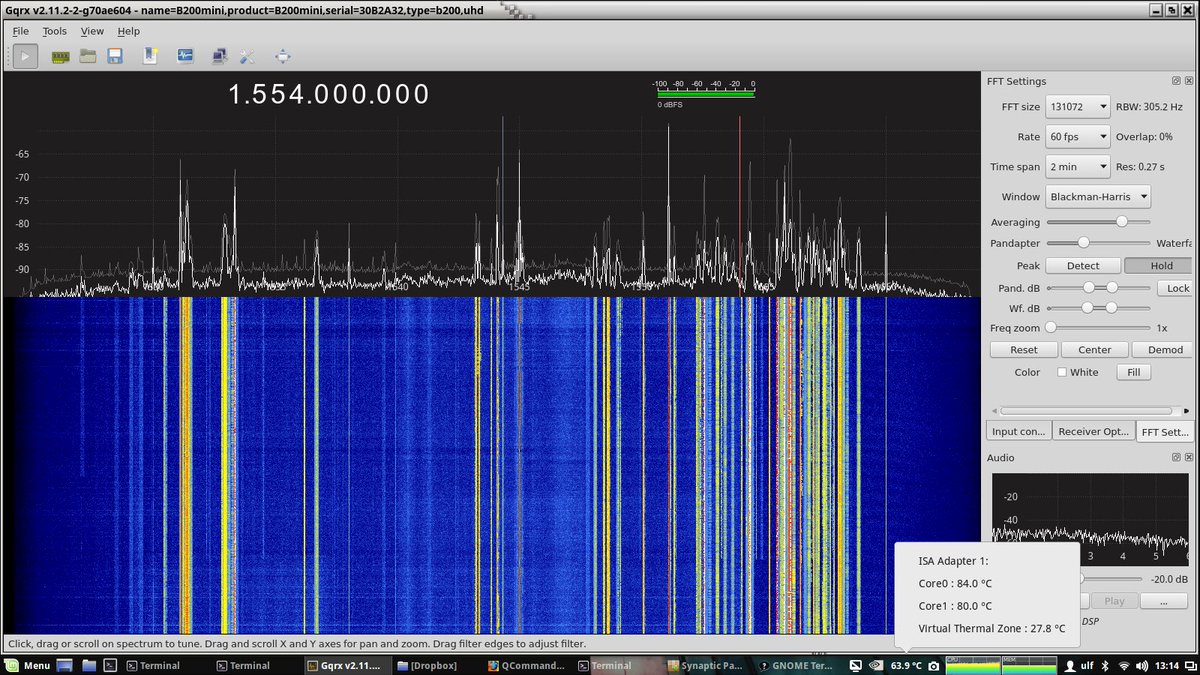 uber_security's tweet photo. #waterfall #lband #gqrx #patch It realy shines with #lna4all and #ettus.  Very happy with fft/window @csete https://t.co/j6qqKSKXxo