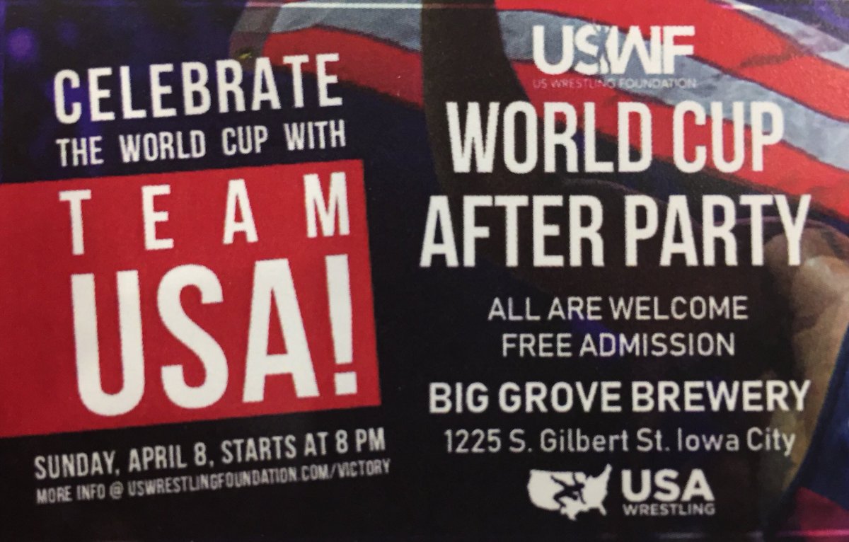 Celebrate the World Cup with Team USA at the After Party @BigGroveBrewery with @USAWrestling #WorldCupIowaCity