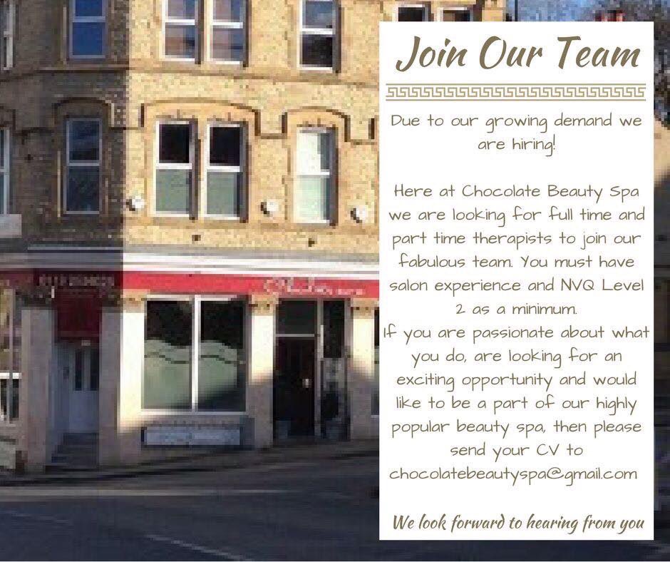 We’re #Recruiting #beautytherapists do you have what it takes to join #teamchocolate ❤️ send us your #CV chocolatebeautyspa@gmail.com