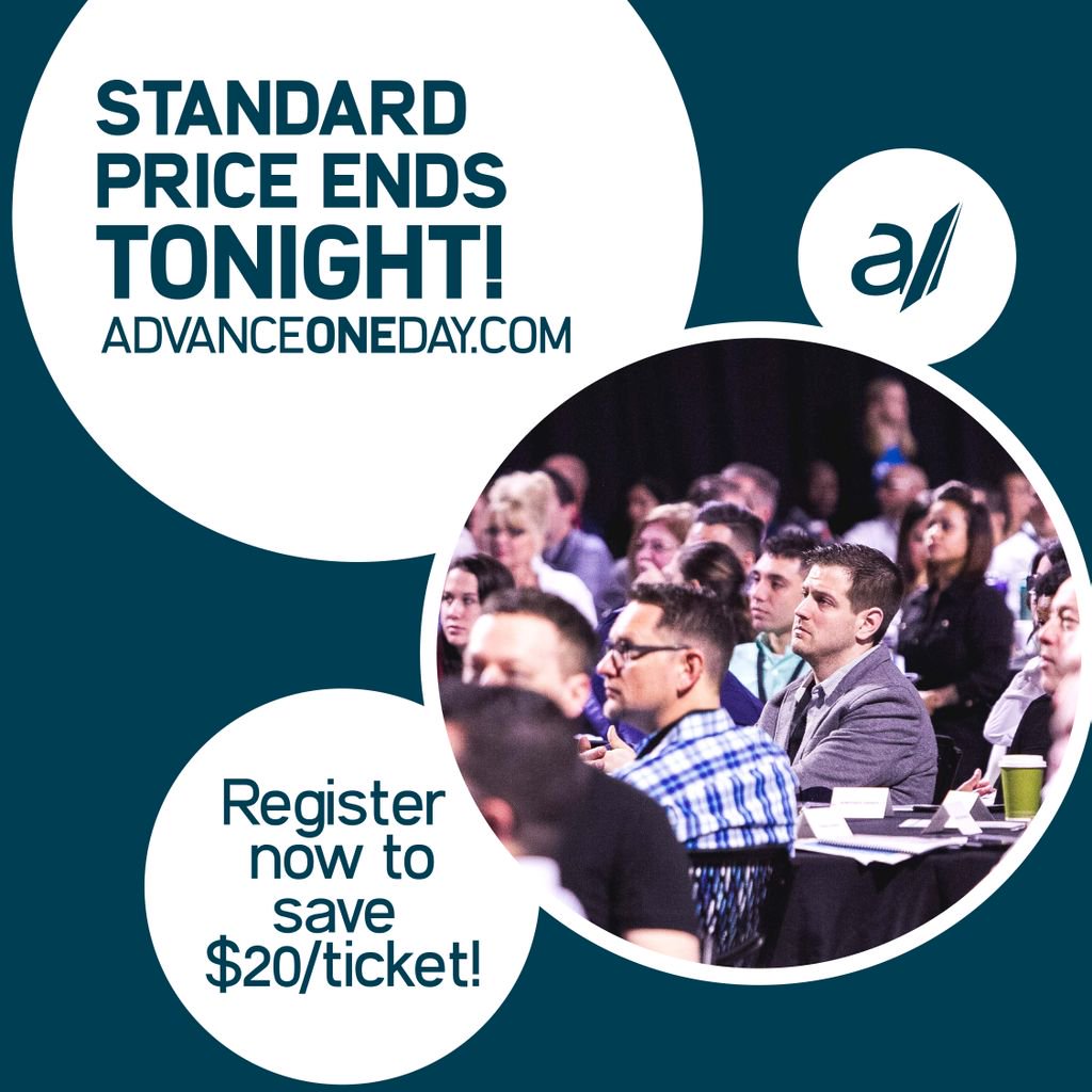 Today is the last day to save on Advance One Day tickets! 

As you prioritize personal growth, your influence and leadership will grow exponentially.
Register by midnight tonight and join us April 20th at Suncoast Arena!
AdvanceOneDay.com
#AOD2018