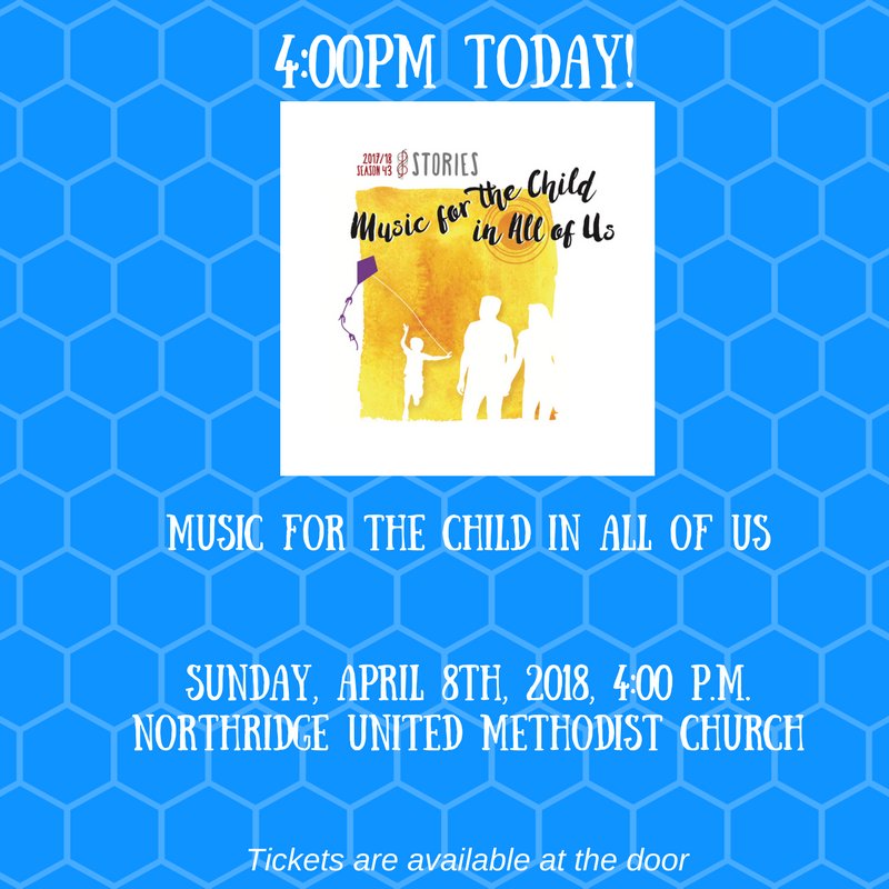 Join us TODAY at 4pm for our fun &amp; interactive concert, Music for the Child in All of Us. An afternoon of musical fun for all ages, don't miss out!

Tickets available at the door!

#angeleschorale #musicforthechildinallofus #northridgeumc