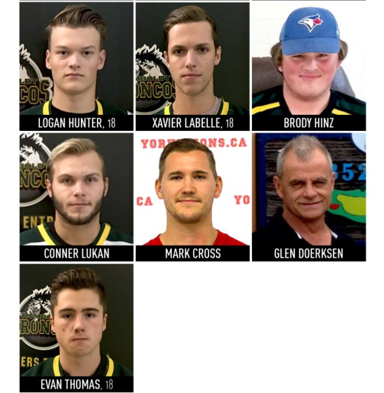 Devin_Heroux's tweet photo. These names. These faces. These men who loved hockey. 

We’ve identified 13 out of the 15 people who died in the Humboldt Broncos bus crash. Let us remember them and think of them today and always. #PrayersForHumboldt https://t.co/sl0TVNb2Fo