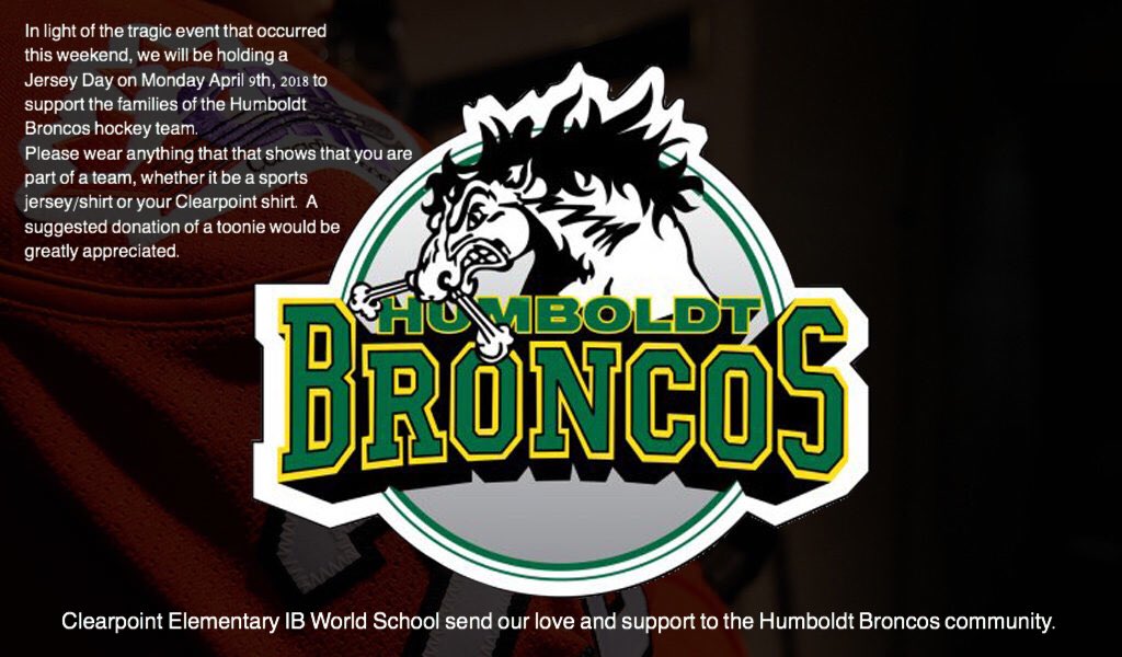 clearpointelem's tweet photo. In light of the tragic event that occurred
this weekend, we will be holding a
Jersey Day tomorrow 04/09 to
support the families of the Humboldt
Broncos hockey team. Wear anything that that shows that you are part of a team: sports or school shirt. $2 donation appreciated @LBPSB https://t.co/nHG1kRix6j