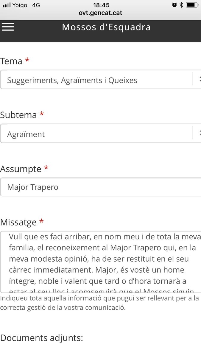 Aquí teniu l’enllaç per escriure el vostre agraïment al Major Trapero. 
Jo ja ho he fet!! #Traphero No estàs sol i et tornarem al teu lloc!!! Gràcies!!! Seguim!! 
ovt.gencat.cat/gsitfc/AppJava… gràcies <a href="/Ignasibaix11/">Ignasi banyoescalenc</a>