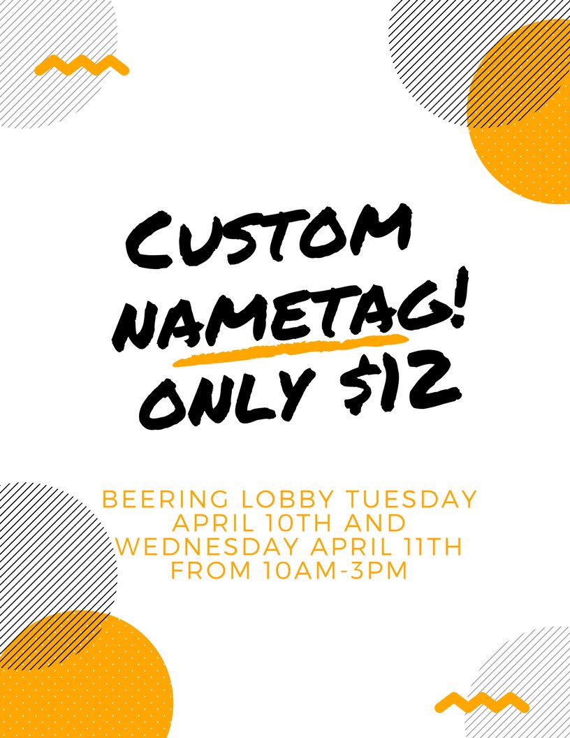 PurdueLASC's tweet photo. Don't forget to stop by Beering lobby to order your custom nametag! Only $12!! https://t.co/ll6Gk2NFN4