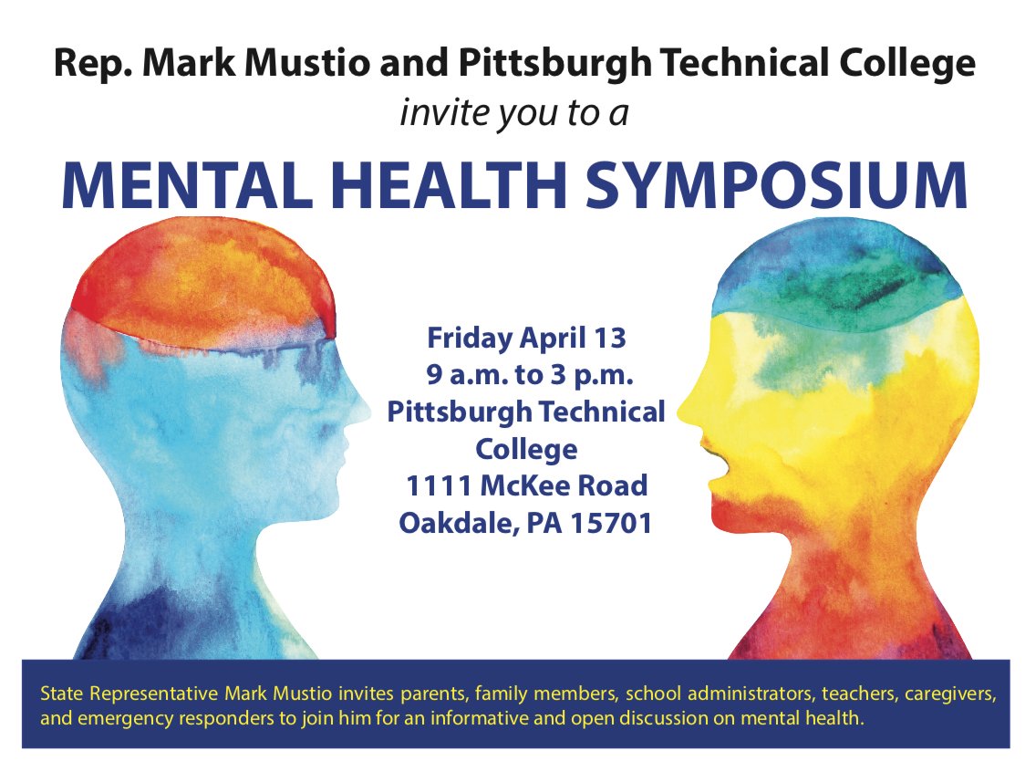 studentsofpgh's tweet photo. Mark your calendars! Please see the announcement regarding the Mental Health Symposium on mental wellness that State Representative Mark Mustio is hosting on April 13th.  We must keep this issue on the front burner. Educating the public is the best way to achieve this. https://t.co/f6iqDfxpzs