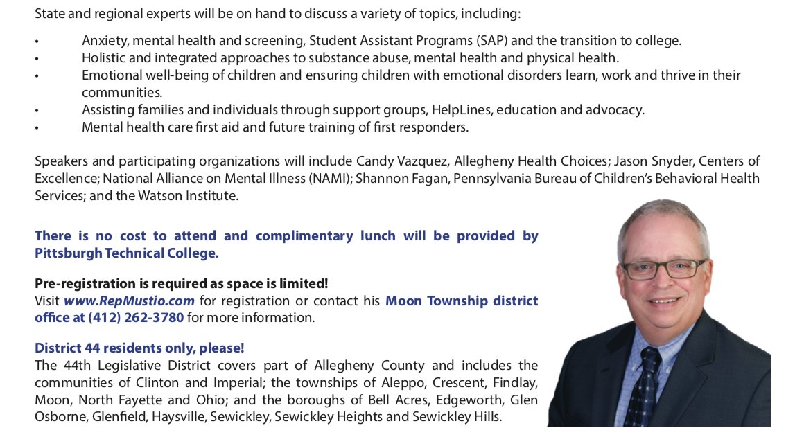 studentsofpgh's tweet photo. Mark your calendars! Please see the announcement regarding the Mental Health Symposium on mental wellness that State Representative Mark Mustio is hosting on April 13th.  We must keep this issue on the front burner. Educating the public is the best way to achieve this. https://t.co/f6iqDfxpzs