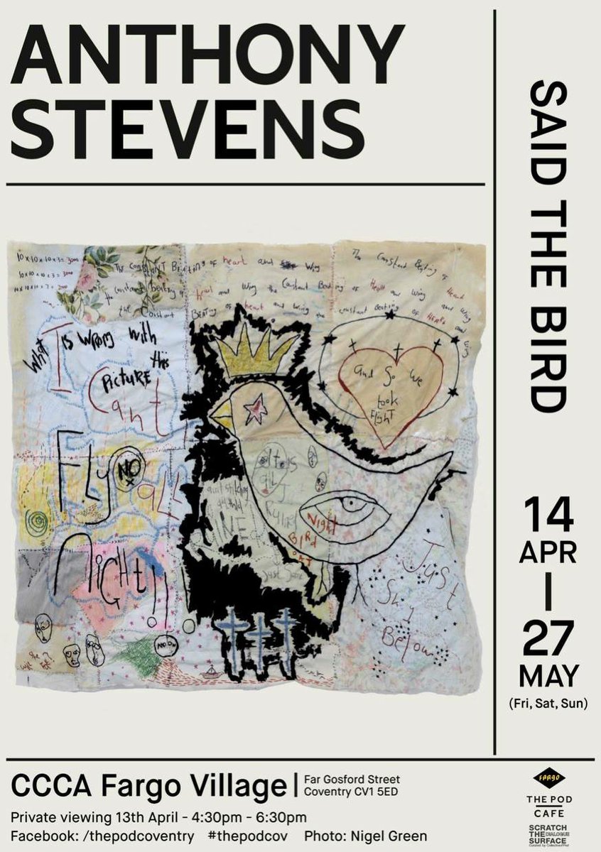 ChristineEade2's tweet photo. Don't forget preview of 'SAID THE BIRD' opens at 4.30pm on 13/4 in the CCCA (The Shed) @FargoVillage. Your chance to meet the artist and members of @STSfestivalCov team #outsiderart #Textiles #ContemporaryArt #thepodcov #thisiscov #radicalcraft https://t.co/NaBdzsZS9i