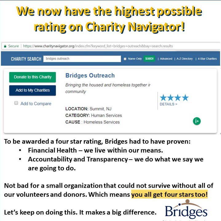 BridgesSummitNJ's tweet photo. We now have the highest possible rating on Charity Navigator! https://t.co/1Zb6rBkcln
