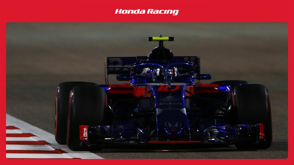 HondaRacingF1's tweet photo. "🏁🏁🏁 in Bahrain and it’s points on the board for #ToroRossoHonda. @PierreGASLY  puts in a great performance coming in P4 with @BrendonHartley overcoming time penalties to finish P13. 

A great result to take forward into China. #BahrainGP #ToroRossoHonda https://t.co/f0dZITd3wy