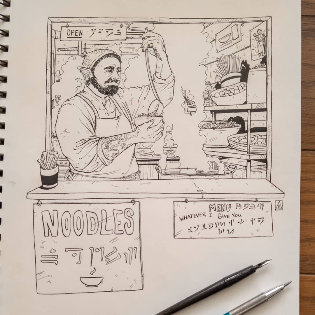 pajamagator's tweet image. Jumping in on Adventure April one week late. Busy month so I'm aiming to hit the weekends
#adventureapril #day8 #shopkeep #fantasyillustration #noodleshop