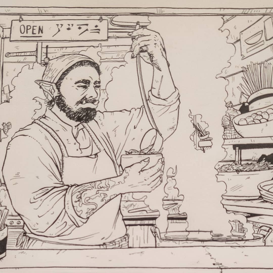 pajamagator's tweet image. Jumping in on Adventure April one week late. Busy month so I'm aiming to hit the weekends
#adventureapril #day8 #shopkeep #fantasyillustration #noodleshop