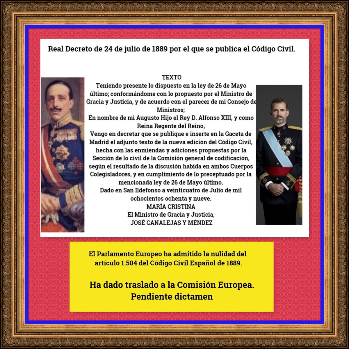 ensata's tweet photo. El PSOE insta a Felipe VI a anular el Ducado de Franco
   ***El PSOE por qué no insta a Felipe VI a anular el Código Civil de 1889 ,proclamado por su bisabuelo el Rey Alfonso XIII y las normas aplicadas a desahucios siguen en vigor( artículo 1504 CC) https://t.co/bcQGEjEERg