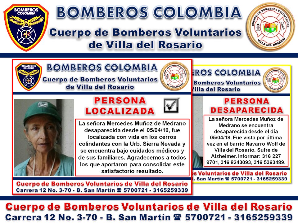 Bomberos_VR's tweet photo. Lo que por eternos días fue angustia y preocupación, hoy es  alegría y satisfacción para familiares y amigos por la localización de  un ser querido desaparecido. Como bomberos nos queda la  satisfacción de haber aportado nuestro granito de arena. @DNBomberosCol @AlcaldiaVR https://t.co/fBsWpj6APP