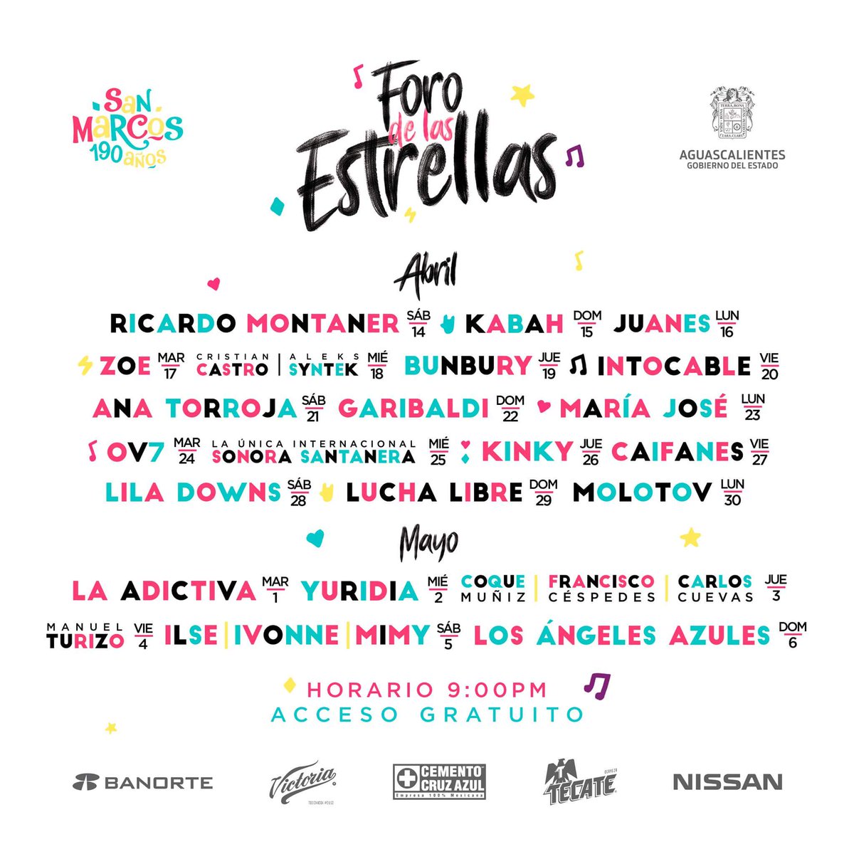 FNSM_Oficial's tweet photo. La #FNSM2018 durante 23 días tiene preparado grandes conciertos gratuitos para celebrar de los #190años 🎂¿A qué artistas vas a ir a ver al Foro de Las Estrellas? El acceso es a partir de las 4:00 pm. Te esperamos! https://t.co/BixvOsZNQo