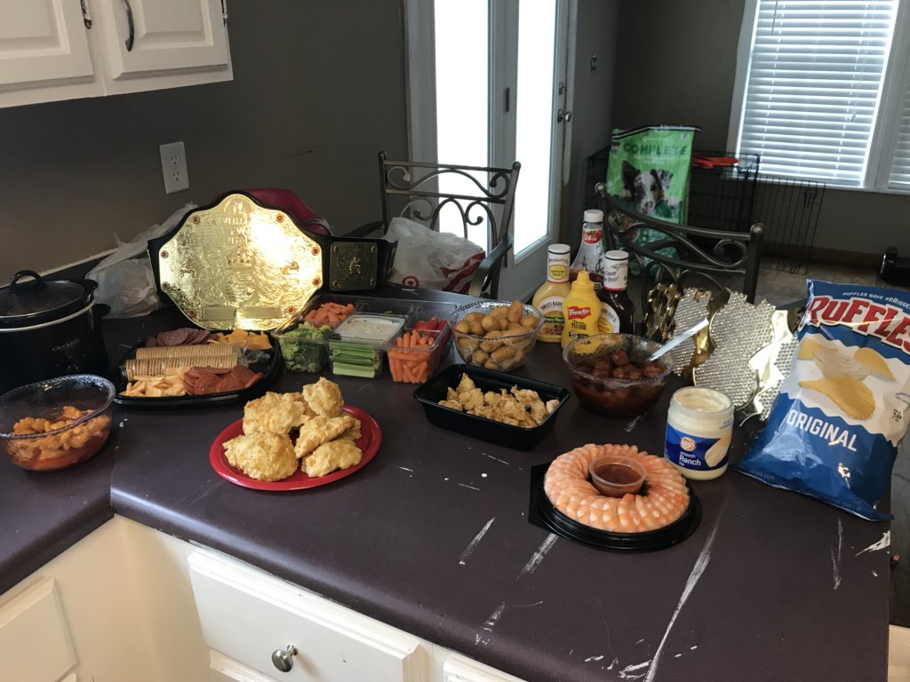 Meizmacdaddy's tweet photo. Last year we was eating hotdogs and drinking @CocaCola at #wrestlemania but I would have to say our food choices are on point for #wrestlemania34 party https://t.co/j0Jpzt9FC8