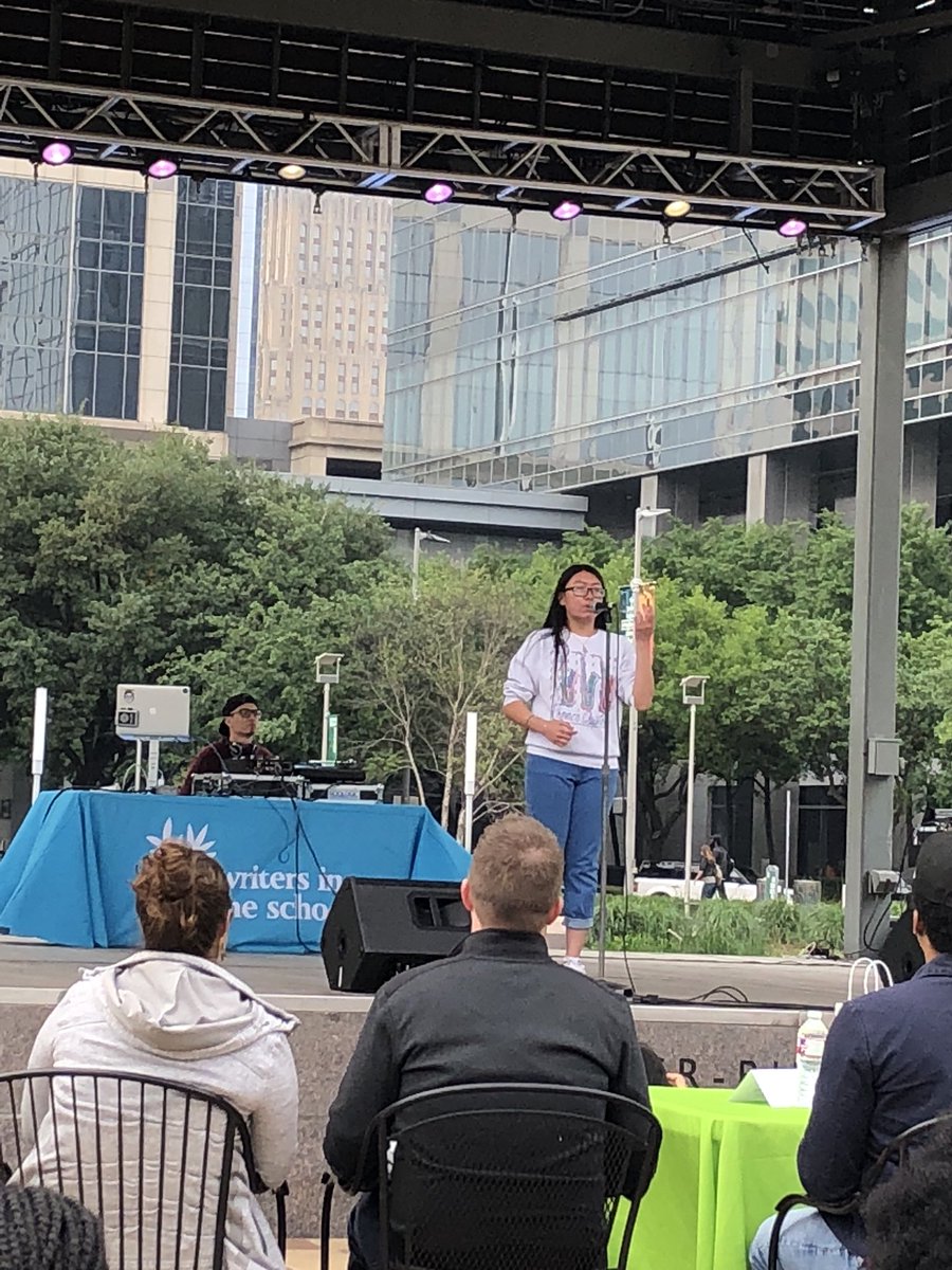 humblehstheatre's tweet photo. HHS Slam Poets sharing their poetry with all at Discovery Green. Lyn and Adam are in the top 10 youth poets in the city. Lyn will be representing HHS at Brave New Voices this summer. #hhspurplepride #meta4houston https://t.co/Pq20fedifR