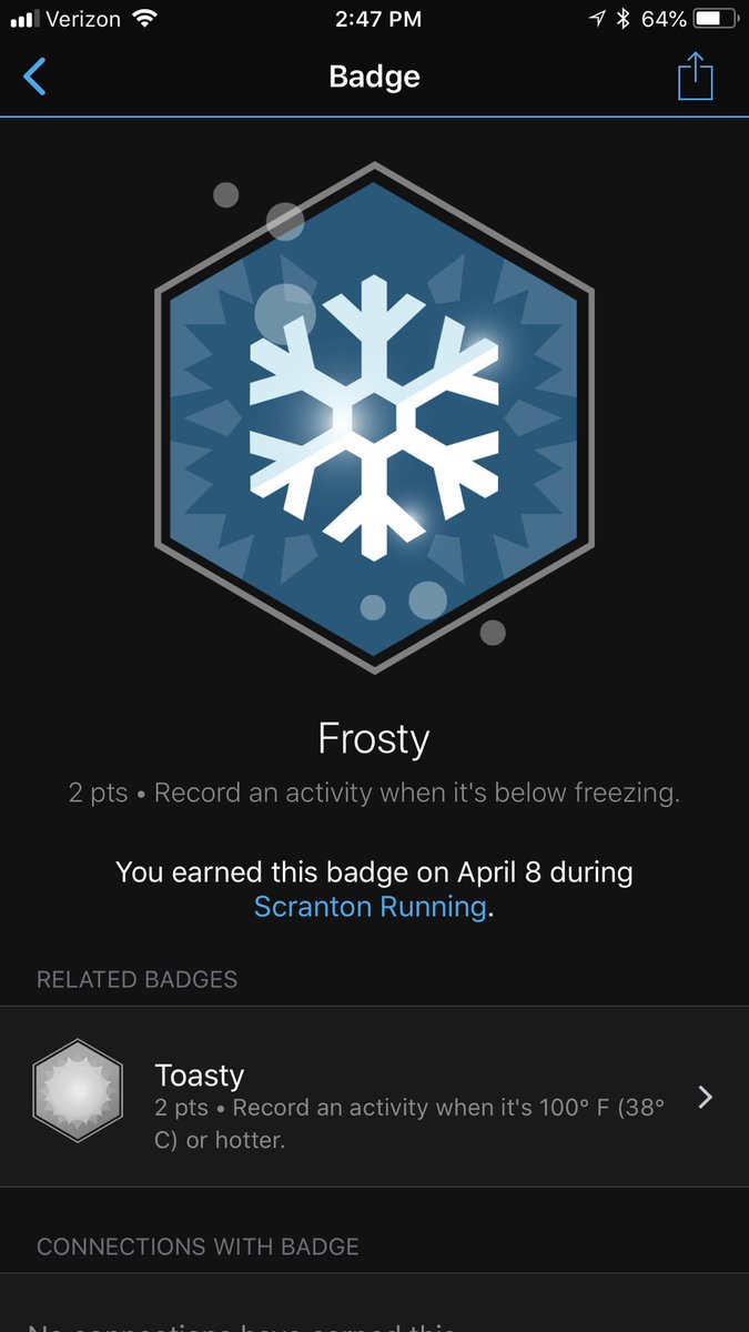 lizonya5's tweet photo. Earned the Frosty badge on my @Garmin watch today. Who would have thought it’d be below freezing on April 8?!? #scrantonhalf https://t.co/YL1v6iCYBk