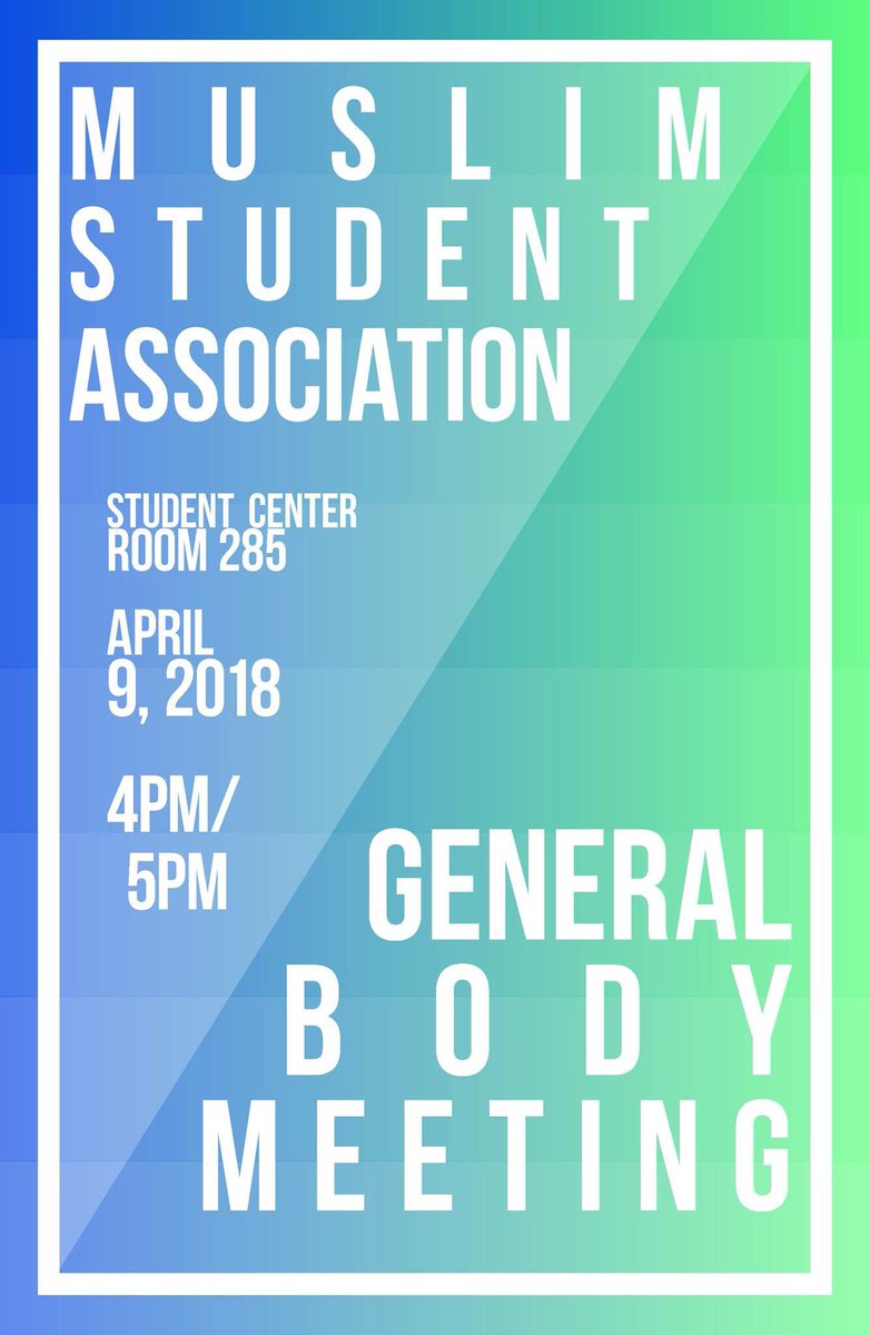 As the semester is wrapping up, there are a couple ends we need to tie before summer begins! Catch us TOMORROW at our last General Body Meeting in Room 285 of the Student Center at 4 pm as we discuss MSA elections and our annual dinner, among our other last events of the year.