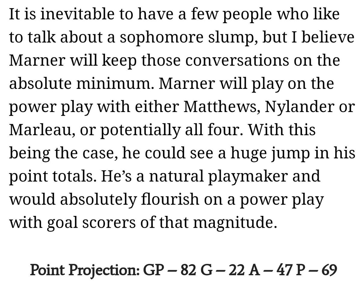 BigRadiuk's tweet photo. So at the start of the year I wrote an article projecting season for Matthews, Marner, and Nylander. I was off on Nylander by 7 points, undervalued Matthews by about 7 points, but hit Marner's numbers right on the nose! No real point to this tweet, except I can predict the future https://t.co/eUEwabDisp