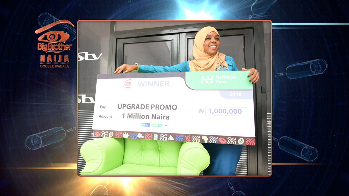 BBNaija's tweet photo. Ms. Jumai Abdullahi has won herself the HoH chair and N1 million Naira in the #ItPaystoupgrade competition. The chair is supplied by @e20_creazioni. You too could win, check it out here: https://t.co/Fhk756PSE5 https://t.co/SYzHXoWkU0