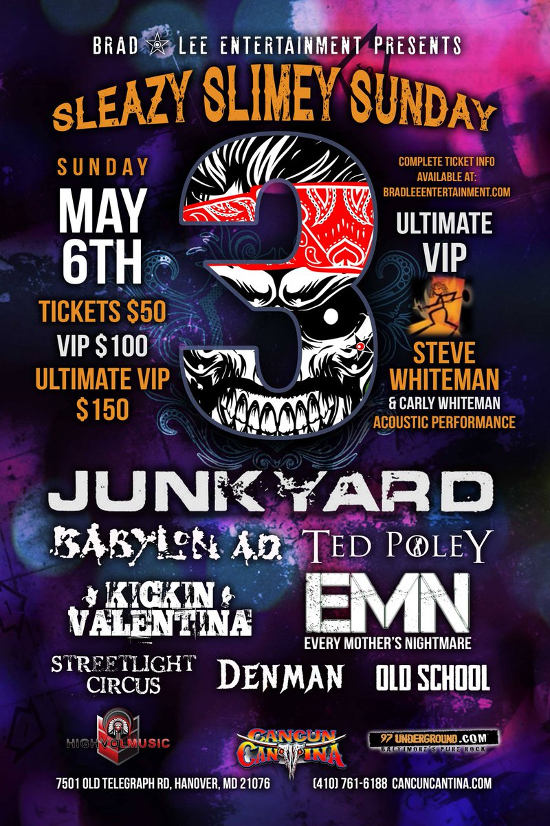 Brad Lee (@theonlybradlee) on Twitter photo Sunday May 6 #sleazyslimeysunday3 returns presented by #bradleeentertainment
#highvolmusic
<a href="/JunkyardBlooze/">Junkyard</a> <a href="/babylonadband/">doffynft</a> <a href="/tedpoley/">Ted Poley</a> <a href="/KickinValentina/">Kickin Valentina</a> <a href="/EMNBand/">EMN</a> <a href="/SLCircus/">Streetlight Circus</a> <a href="/Denmanrocks/">Denman</a> @97Underground <a href="/HammerjacksDoc/">EncoreHammerjacksDoc</a> <a href="/Hammerjacksnews/">⚡ Hammerjacks ⚡</a> <a href="/MetalSludge/">B</a> <a href="/HIGHVOLMUSIC/">HIGHVOLMUSIC #RockAintDead</a> Sunday May 6 #sleazyslimeysunday3 returns presented by #bradleeentertainment
#highvolmusic
<a href="/JunkyardBlooze/">Junkyard</a> <a href="/babylonadband/">doffynft</a> <a href="/tedpoley/">Ted Poley</a> <a href="/KickinValentina/">Kickin Valentina</a> <a href="/EMNBand/">EMN</a> <a href="/SLCircus/">Streetlight Circus</a> <a href="/Denmanrocks/">Denman</a> @97Underground <a href="/HammerjacksDoc/">EncoreHammerjacksDoc</a> <a href="/Hammerjacksnews/">⚡ Hammerjacks ⚡</a> <a href="/MetalSludge/">B</a> <a href="/HIGHVOLMUSIC/">HIGHVOLMUSIC #RockAintDead</a>