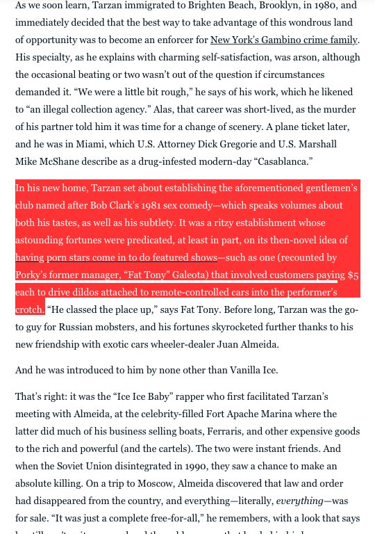 Porn stars performing at strip clubs?! you can thank "Tarzan" for that. (hi Stormy! I still think you're great, even though you are most likely Mob AF)  https://www.thedailybeast.com/strippers-cocaine-and-murder-the-crazy-true-story-of-two-crooks-pursuit-of-a-soviet-submarine