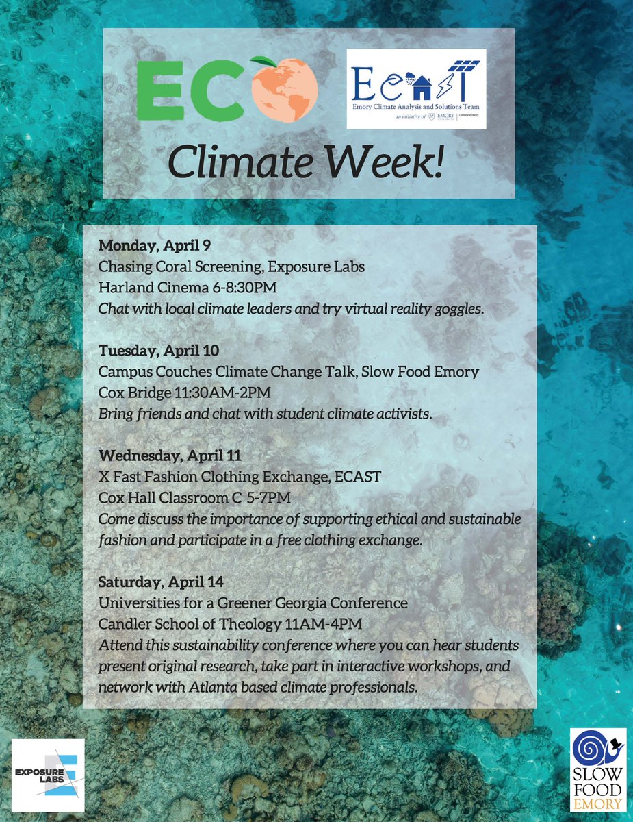 esaikawa's tweet photo. 3rd annual Climate Week @EmoryUniversity starting tomorrow with #ChasingCoral film screening with @emorycollege alum @SavannahMiller_ at Harland Cinema at 6pm! @EmoryClimateOrg @NoBackupPlanet #climatechange #EmoryCOP23 @SlowFoodEmory @ExposureLabs https://t.co/maPQKII6e5