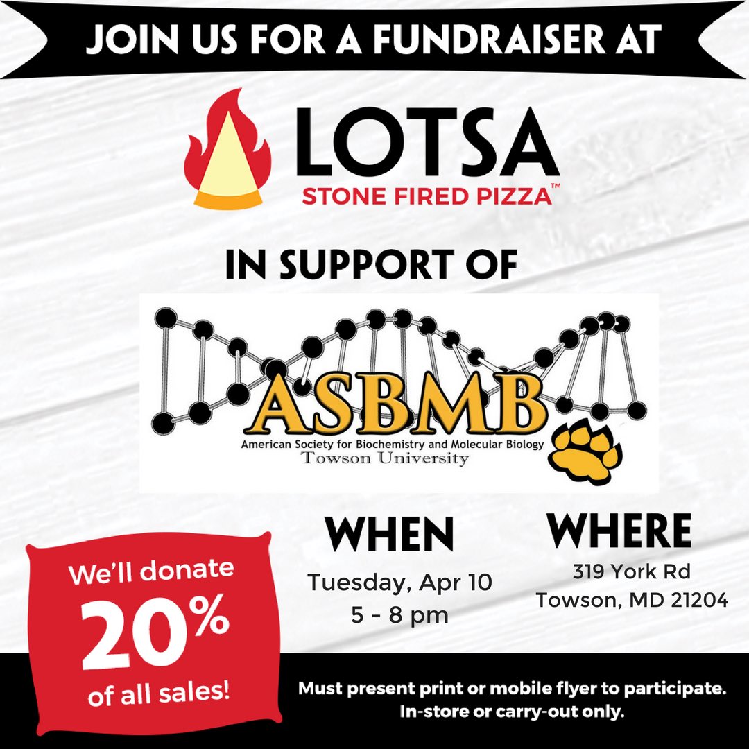 tu_asbmb's tweet photo. Join us on Tuesday, April 10th from 5-8pm at LOTSA in Towson and 20% of sales go to ASBMB. Just show this image on your phone or mention our fundraiser! See ya there! #Yummm #Lotsa #asbmb #fundraising https://t.co/Cd3Yw9Lnpv