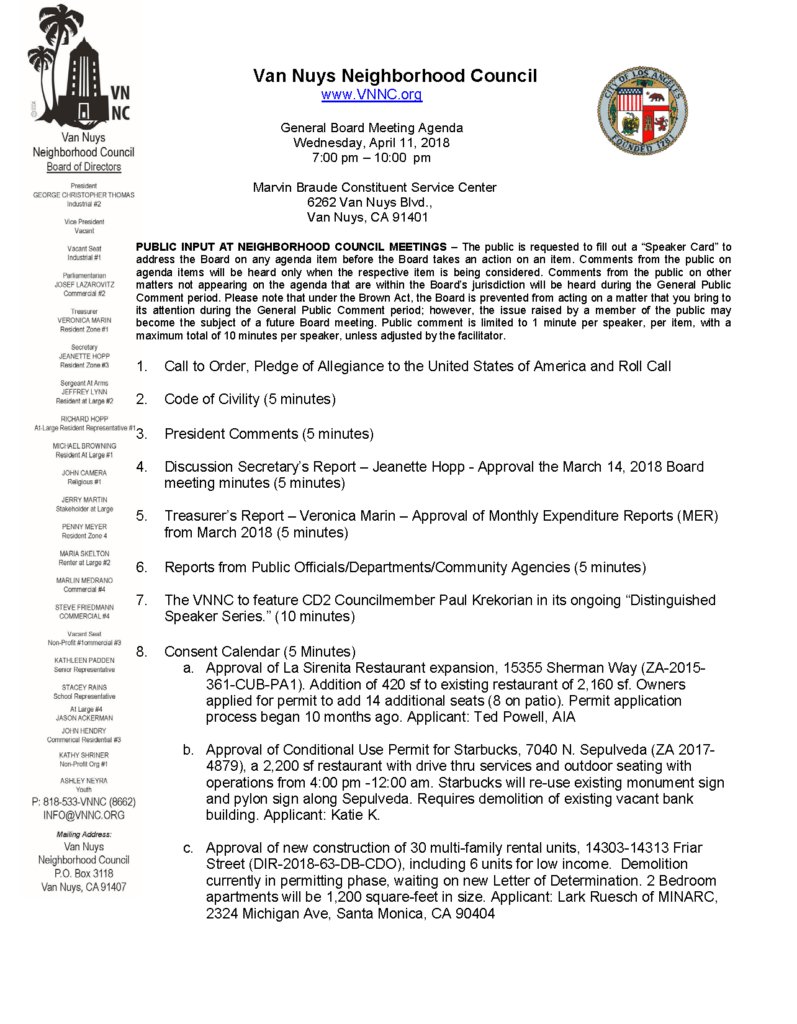 Van Nuys Neighborhood Council General Board Meeting on Wednesday, April 11th, 2018 from 7:00 pm – 8:30 pm vnnc.org/2018/04/van-nu…