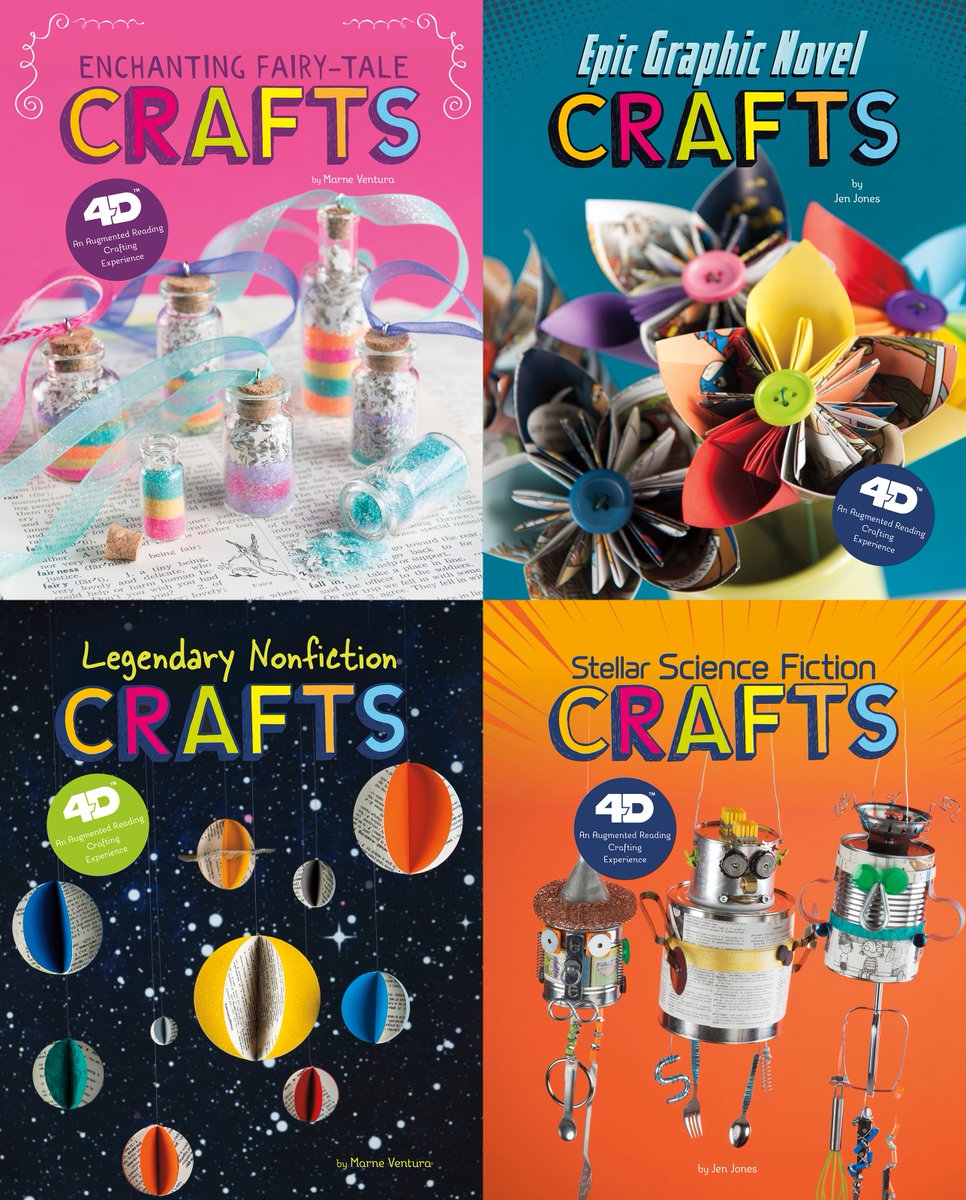 CapstonePub's tweet photo. Bring stories to life with NEXT CHAPTER CRAFTS 4D! Create, craft & repurpose old, weeded books from your library! Plus, kids can access video tutorials & bonus content through the #Capstone4D augmented reality app https://t.co/mKqyKVH6F1 #makerspaces #edtech #crafting https://t.co/c2HpRsVeCC