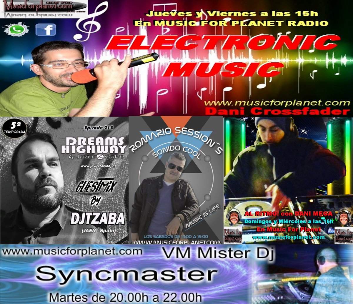 music4planet's tweet photo. #Programas https://t.co/1CjriDckfI
- #Lunes19h #DreamsHighway y @javiercalvodj 
- #Martes20h #SyncMasterTheReturn y @vmmisterdj 
- #Miercoles14h #SonidoCool y @romariossession 
- #Miercoles16h #AlRitmo y @DjDanimega 
- #Jueves15h y #Viernes15h #ElectronicMusic  y @DaniCrossfader https://t.co/O2SvKHusFp