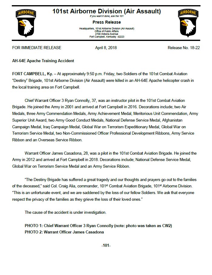 FortCampbell's tweet photo. Names of pilots killed in an AH-64E Apache helicopter crash in the local training area on Fort Campbell released. Go to https://t.co/EuGW2weOWY for details. @101stAASLTDIV https://t.co/J4Qv8fPteS