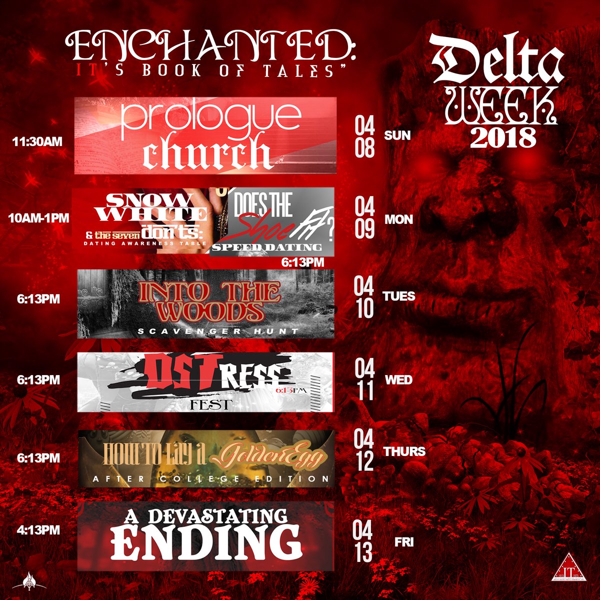 MTSU_Deltas's tweet photo. The Official Line Up for Delta Week 2018 ❗️ The book has been opened and the secrets have been unleashed 👀📕 Join us April 8th-14th to see these DevaSTating tales #Enchanted #ITsBookOfTales #GetREDy #MTSUDeltas #ITsDeltaWeek2018 https://t.co/Ch7hcDbepA