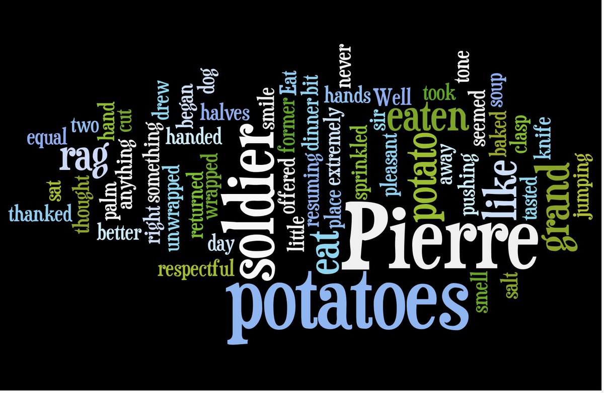 andrewdkaufman's tweet photo. Pierre Bazukov of Tolstoy's War & Peace discovers the sheer joy of being alive after losing everything when he is given some potatoes. Here is that block of text in the novel imagined as a word cloud:
#potatoes
#wordbubble #wordcloud #warandpeace @andrewdkaufman/Tolstoy https://t.co/iu63nM0ySD