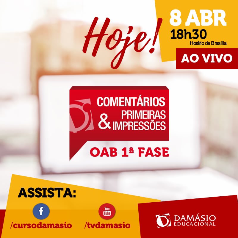 DamasioNit's tweet photo. Daqui a pouco, a partir de 18:30 teremos o nosso #PrimeirasImpressoeseComentarios da prova da 1ª Fase OAB XXV! Não perca! 
Acesse o nosso site: https://t.co/7wQaxbAjN2 
.
.
#damasio #damasiooab #niteroi #niteroioab #oabniteroi #oaboabxxv https://t.co/Xmwirwd3Rm
