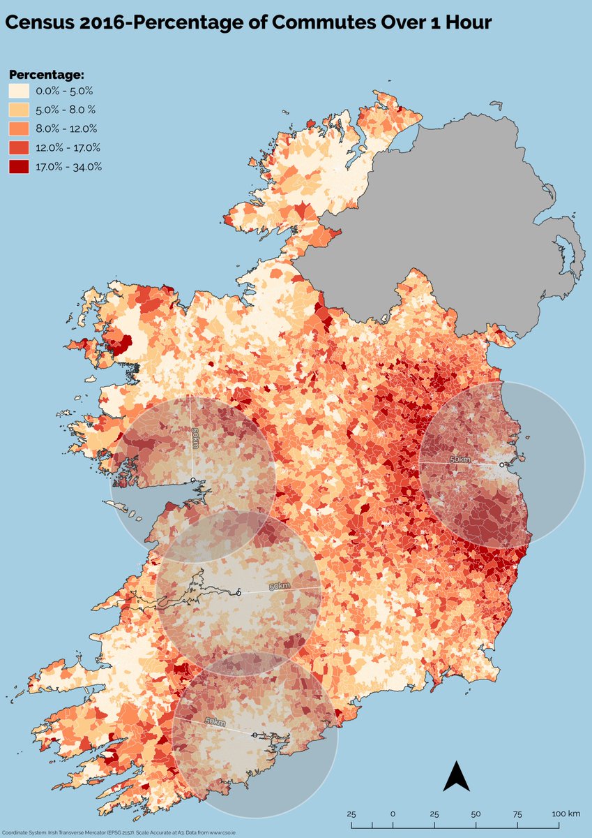 Pearoid's tweet photo. Commutes of over 1 hour, Irish Census 2016. #census #urbansprawl #Ireland #gis https://t.co/bjHYWjM5mX https://t.co/H1iSajwyAl