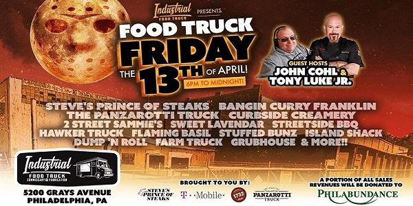 MyPhillyAlive's tweet photo. Enjoy Food Truck Friday the 13th event April 13th at @IndustrialFT 6pm - 12am! Hosted by @tonylukejr of @TonyLukes &amp; @j_cohl. Part proceeds donated to @Philabundance! Music by @JahPeopleMusic Beer by @stbenjaminbrew https://t.co/ieHSmZWptM #Philly #PhillyFoodTrucks #PhillyFoodies https://t.co/sBPdHrBKXo
