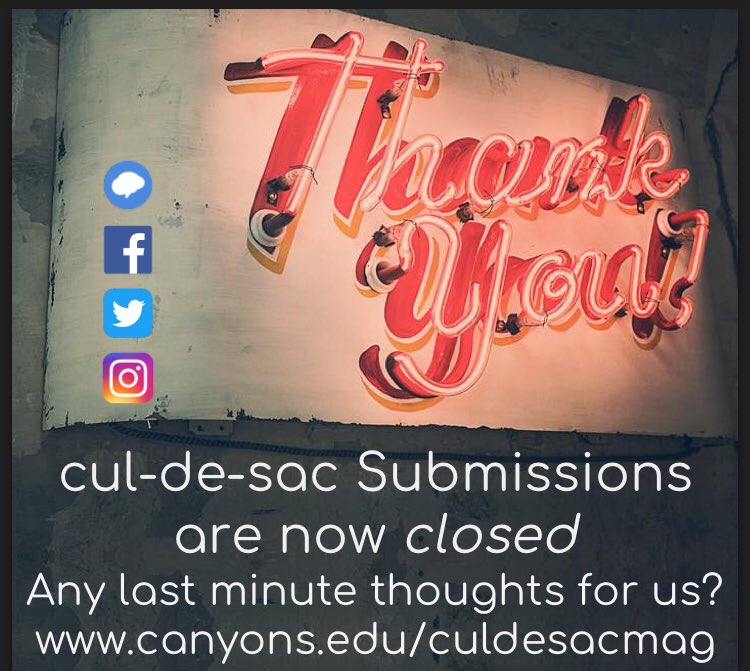 CulDeSacLitmag's tweet photo. Thanks to everyone, we now have over 200 total submissions! Unfortunately, this means the window is now closed until next year. Stay tuned for further updates about the release party and magazine progress. https://t.co/YAHS3ElhKV