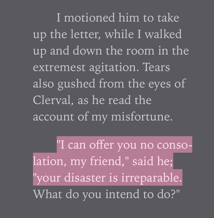 robdelaney's tweet photo. Frankenstein is good reading for the grieving. Clerval knows what to say to Victor. ❤️ https://t.co/nYXE5TjXtq