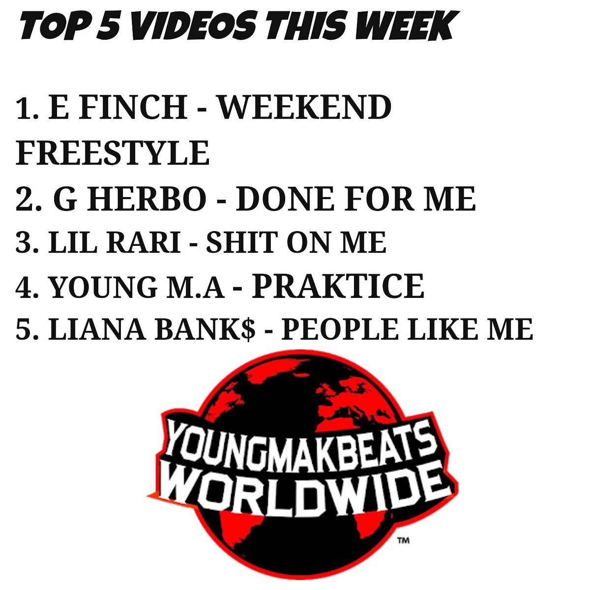YMBWW's tweet photo. Top 5 Videos this Week #YMBWW 
#Top5Videos #Top5 #EFinch #EddieCane #WeekendFreestyle #GHerbo #NoLimitHerbo #DoneforMe #lilrarri #shitonme #youngma #praktice #lianabanks #peoplelikeme #ayojay #UKrap #SzaRemix #hiphopculture #Africahiphop #SouthAfricaHiphop #HiphopAwards https://t.co/ZUw8iDoUmm