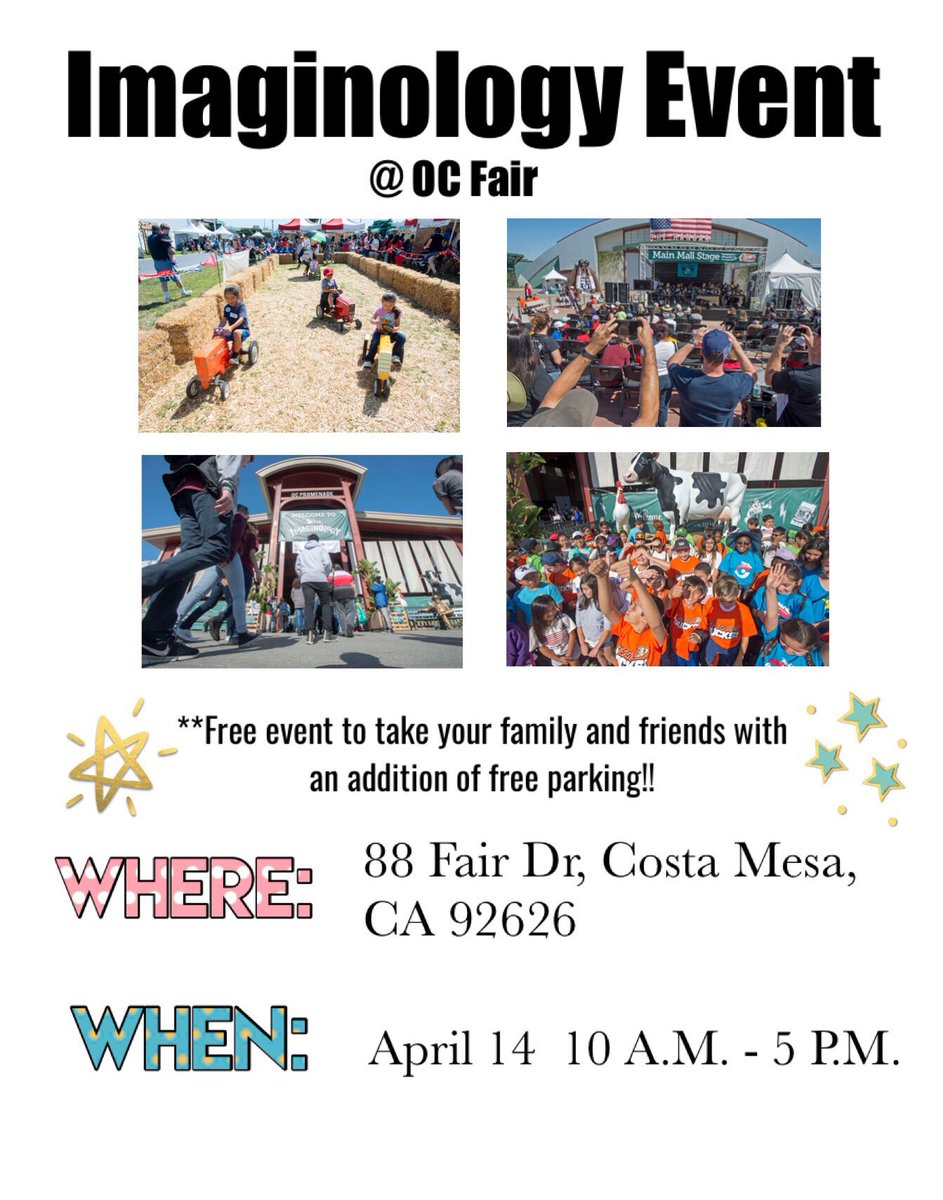 STEMup4Youth's tweet photo. Hey Everyone, we are going to be at the Imaginology Event at the OC Fair on April 14! Come and check it out or even join us! BRING your family and friends to have a great day!!
#imaginology2018 https://t.co/BDIA1CF4u5